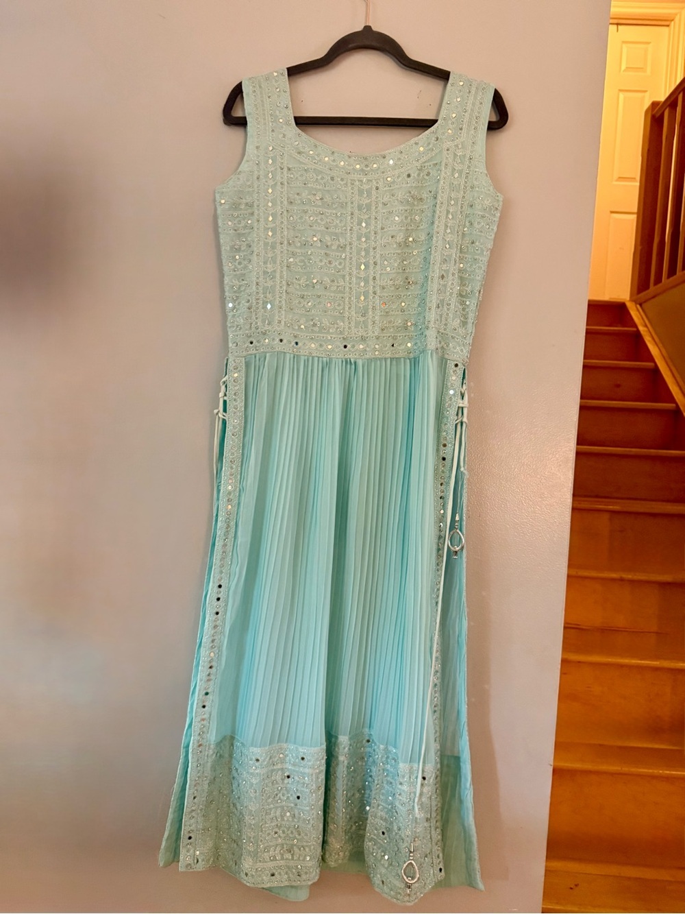 Chadha Fancy Mint Green Mirror Work Anarkali Dress Gown Festive - Picture 7 of 8